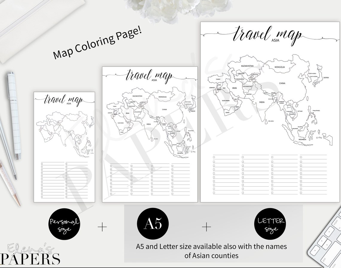 Printable TRAVEL ASIA MAP Insert for Your Personal, A5 and Letter Size ...