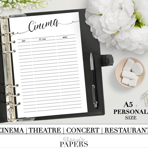 Printable ACTIVITIES LISTS inserts for your personal and A5 planner__Restaurants, Concerts, Cinema, Theatre_Where to go to eat, dinner,watch