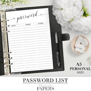 May include: A black Filofax binder with a white password list insert. The password list has sections for website, username, and password. A pen, erasers, and paperclips are also visible. The text "PASSWORD LIST" and "Elena's PAPERS" are at the bottom.