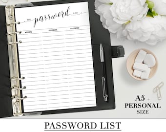 Printable PASSWORD LIST  for your Personal,A5, Letter, Pocket size planner_Black & White_ Password Log_Password Book Keeper_Password Journal
