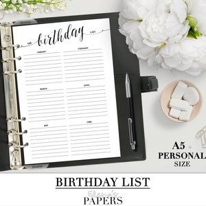Printable BIRTHDAY LIST insert for your Personal, A5 and Letter size planner_Special dates planner_Black & White_Months_Important dates