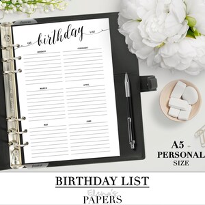 Inserción imprimible de LISTA DE CUMPLEAÑOS para su planificador personal, A5 y tamaño Carta_Planificador de fechas especiales_Blanco y negro_Meses_Fechas importantes
