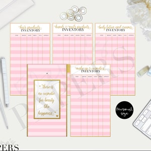 May include: Pink and gold printable inventory sheets for hair products, hands and nails products, body lotion and creams, and makeup and cosmetics. The sheets have a grid layout with columns for item, brand, size, date, price, and options. The quote "There is no cosmetic for beauty like happiness" is printed on a pink and gold striped background.