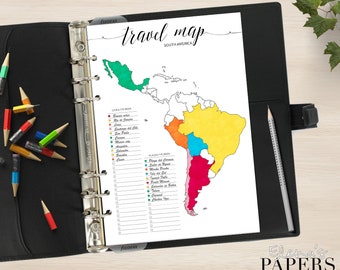 Druckbare Reise Südamerika KARTE Einlage für deinen Personal, A5 und Letter Planner_Trip to go_Vacation_Tracker Stadt Amerika_Coloring Pdf
