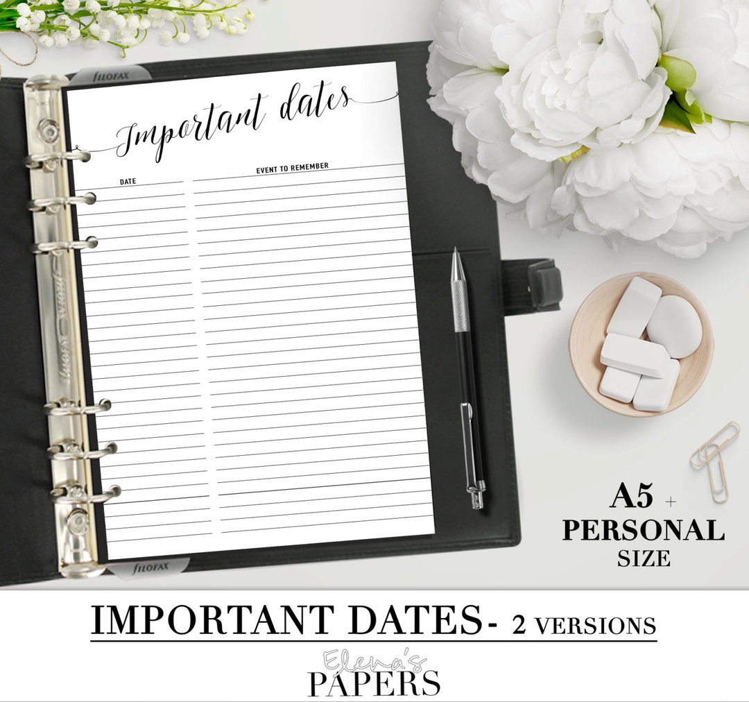 Printable IMPORTANT DATES Insert for Your Personal and A5 Planner ...