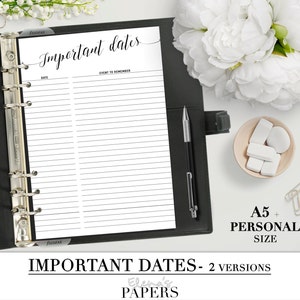 Printable IMPORTANT DATES insert for your personal and A5 planner_Special dates list planner_Black & White style_Two different style