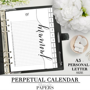 CALENDÁRIO MENSAL imprimível para você Carta, A5 e Personal Planner_Calendário PERPETUAL_Calendário sem ano_Escrita à mão