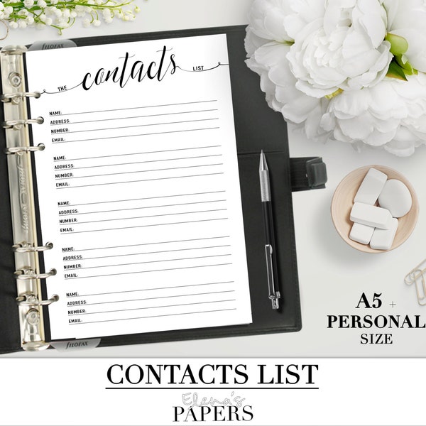 Printable CONTACTS LIST insert for your Personal, A5 and Letter size planners_ Address book_ Contacts sheet_ Filofax PDF insert