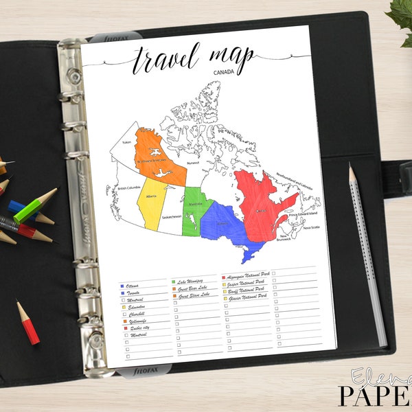 Printable TRAVEL CANADA MAP insert for your Pocket, Personal, A5, Letter, Happy planner_Trip to go_Vacation_Tracker city_Coloring Pdf