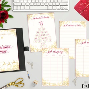 May include: A set of printable Christmas planner pages with a gold snowflake design. The pages include a Christmas time title page, an advent calendar, a gift shopping list, a gift received list, and a Christmas notes page.