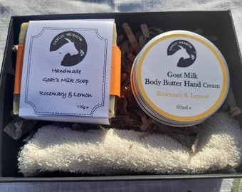 Handmade goats milk soap and handcream body butter gift set with flannel, wash bag or soap rack.