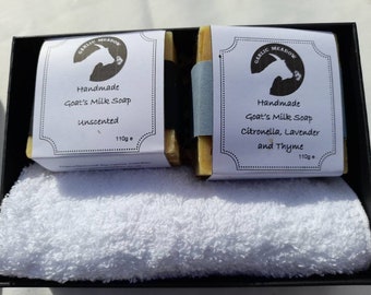 Handmade goat's milk soap gift set with flannel face cloth.