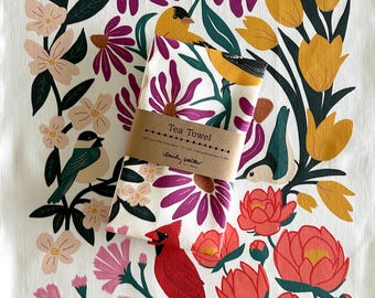 Birds and Blossoms Linen Cotton Tea Towel, Hostess Gift