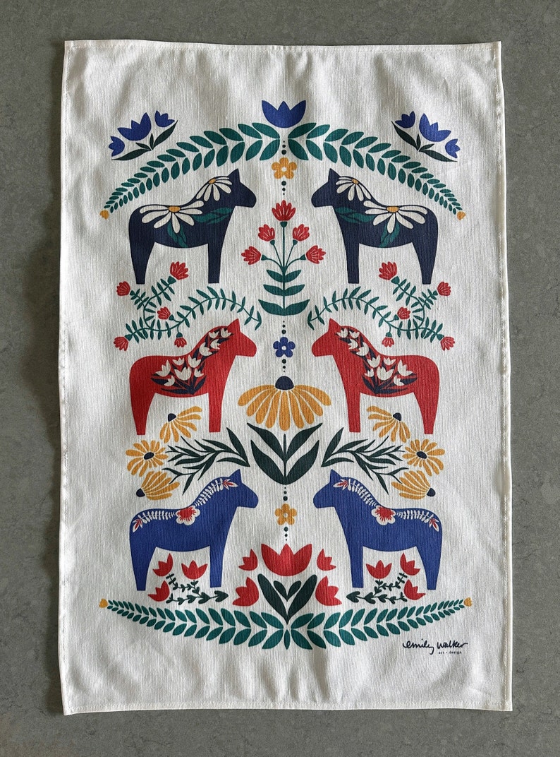 Dala horse tea towel // Hostess gift // Kitchen towel // Tea towel image 3