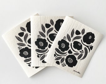 Set of 3 // Black and White Floral // Swedish Dishcloth // Reusable Paper Towel