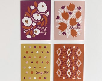 Greeting Cards // Set of 4 - Greeting & Illustrations // Stationery