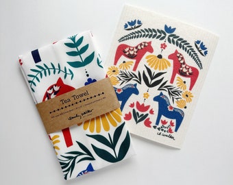 Dala Horse Gift Set // Tea Towel // Swedish Dishcloth