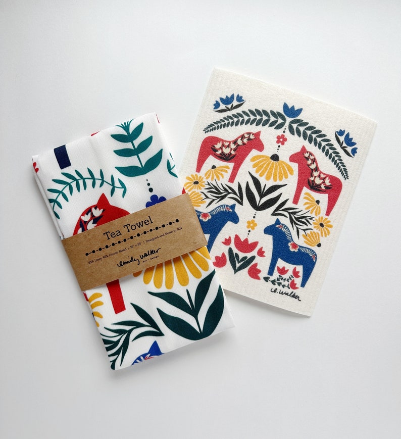 Dala Horse Gift Set // Tea Towel // Swedish Dishcloth image 1