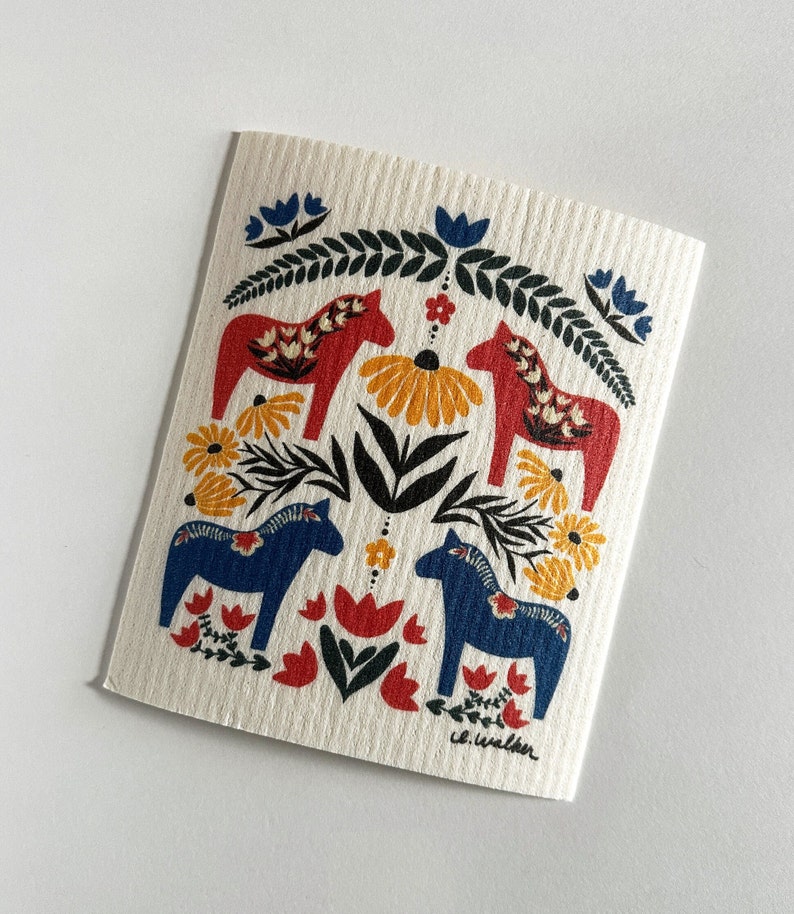 Swedish Dishcloth // Dala Horse Design // Reusable Paper Towel image 1