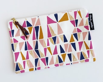Canvas Zipper Pouch // Triangles // 9 x 6 Pouch // Fully Lined Zipper Pouch