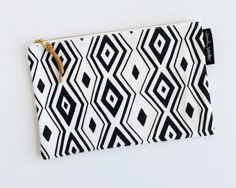 Canvas Zipper Pouch // 9 x 6 Pouch // Fully Lined Zipper Pouch // Black and White Geometric