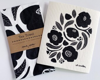 Black and White Floral Gift Set // Tea Towel // Swedish Dishcloth