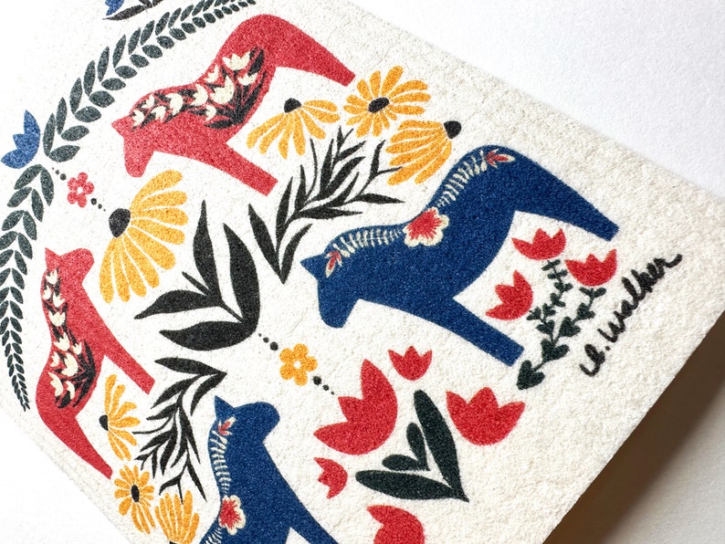 May include: A white background with a repeating pattern of red and blue stylized horses, flowers, and leaves. The text "L. Walker" is in the bottom right corner.