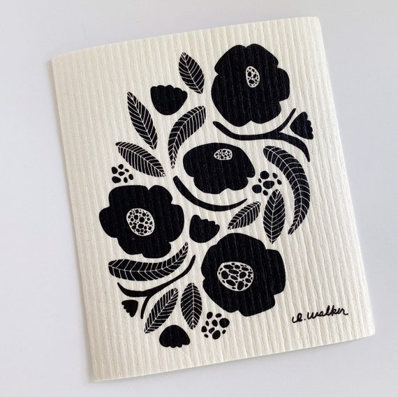 Black and White Floral // Swedish Dishcloth // Reusable Paper