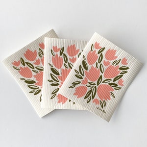 Set of 3 // Pink Tulips // Swedish Dishcloth // Reusable Paper Towel image 1