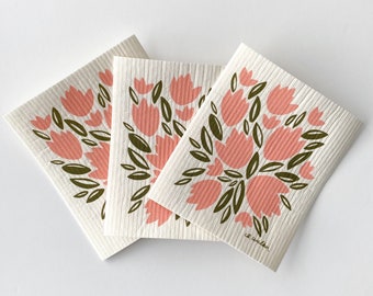 Set of 3 // Pink Tulips // Swedish Dishcloth // Reusable Paper Towel