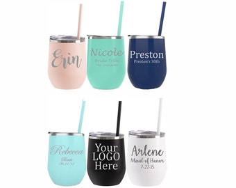 Personalized Wine Tumblers, Custom Wine Cups, Tumblers and Straws, Engraved Tumblers, Stemless Wine Glasses, Wedding, Bride, Bridesmaid Gift