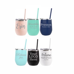 Personalized Wine Tumblers, Custom Wine Cups, Tumblers and Straws, Engraved Tumblers, Stemless Wine Glasses, Wedding, Bride, Bridesmaid Gift