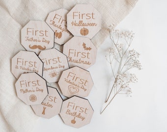First Holiday Photo Prop Set  l  Wooden Cutouts for Baby Photographs  l  Newborn Shower Gift  l  Infant First Moments Cutouts  l  Wood Gifts