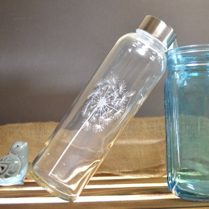 Etched Glass Water Bottle with Dandelion Design