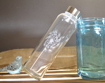 Etched Glass Water Bottle with Dandelion Design