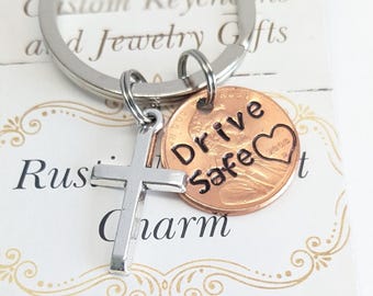 Teenage Car Drive Safe Penny Keychain with Cross, 16th Birthday Gift, Christian Charm