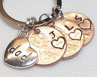 Personalized Lucky Penny Keychain, Hand Stamped Initials and Birth Year, Dad Heart Charm