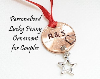 Personalized Ornament for Couple, Family Name, Christmas Tree Ornaments, Holiday Decor, Custom lucky penny Ornament, Christmas Gift, for her