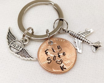 Pilot Keychain, Lucky Penny Keychain, Flight Attendant Gift, Fly Safe, Jet, Pilot wings, Frequent Flyer,  Safe Travels