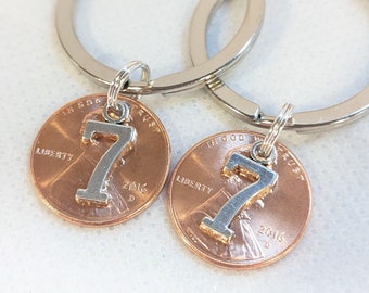 Personalized anniversary gift, lucky 7 year anniversary penny keychain, husband, wife, gifts for couples, copper anniversary, 5,10,15,20, 25