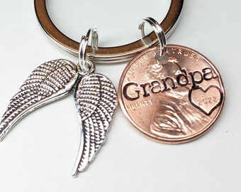 Personalized Grandfather Remembrance Penny From Heaven with Angel wings Charm Keychain, Lucky Penny Keychain, Memorial Gift, Grandpa, Papa