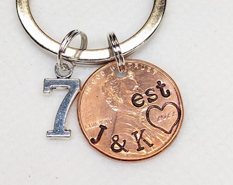 Personalized Anniversary Gift, Penny Keychain, 7 Year Anniversary Gift, Copper Anniversary, Gifts for Him, Gifts for Her, Keychain, Husband