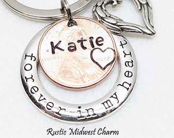 Custom Memorial Penny Keychain, Angel Wing Charm, Personalized Remembrance Gift