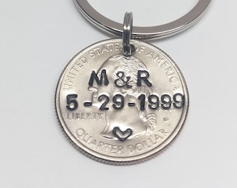 Personalized 25th Anniversary Keychain,  Silver Anniversary, Hand Stamped Quarter Gift for Husband Wife, Unique, Wedding, Spouse,
