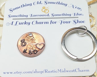 Personalized Wedding Shoe Penny Charm, Something Old New Borrowed Blue, Lucky Bridal Gift