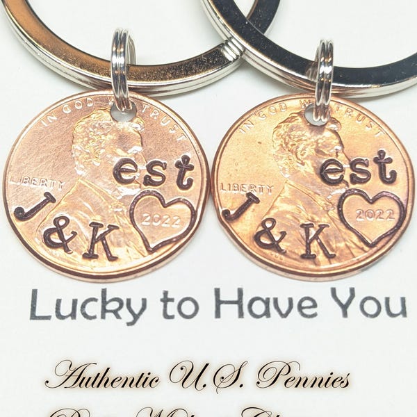 Personalized Lucky Penny Keychain, Real U.S. Penny Gift, Hand Stamped Custom Initials, Couples Gift, Keepsake, 7 year copper anniversary