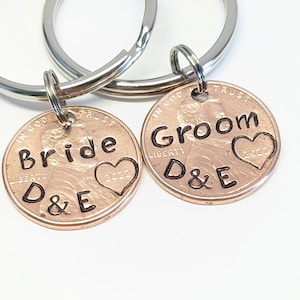 Personalized Wedding Couple Keychain Set, Handcrafted Keepsakes, Custom Bride and Groom Penny Keychains, Lucky Tokens of Love for Newlyweds
