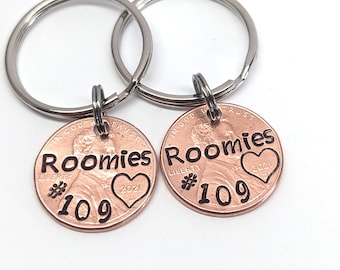 Pair of Hand-Stamped Penny Keychains - Unique Roomie Set, College roommates, Custom keychains for roomie, roommate, New apartment, dorm room