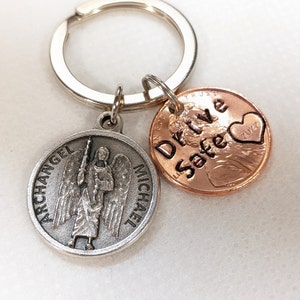 Saint Michael Charm Keychain, Christian Gifts, Drive Safe Penny Keychain, New Driver Keychain, New Car, 16th Birthday Gift, for Teen Driver