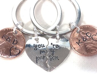 Personalized Penny Keychain Set - Initial & Date - You're My Person - Couples Keychain - Anniversary Gift